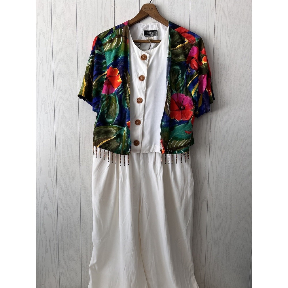 Vintage 1980's Christine David Outfit Pants Shirt Cropped Beaded fringed Sz M-L